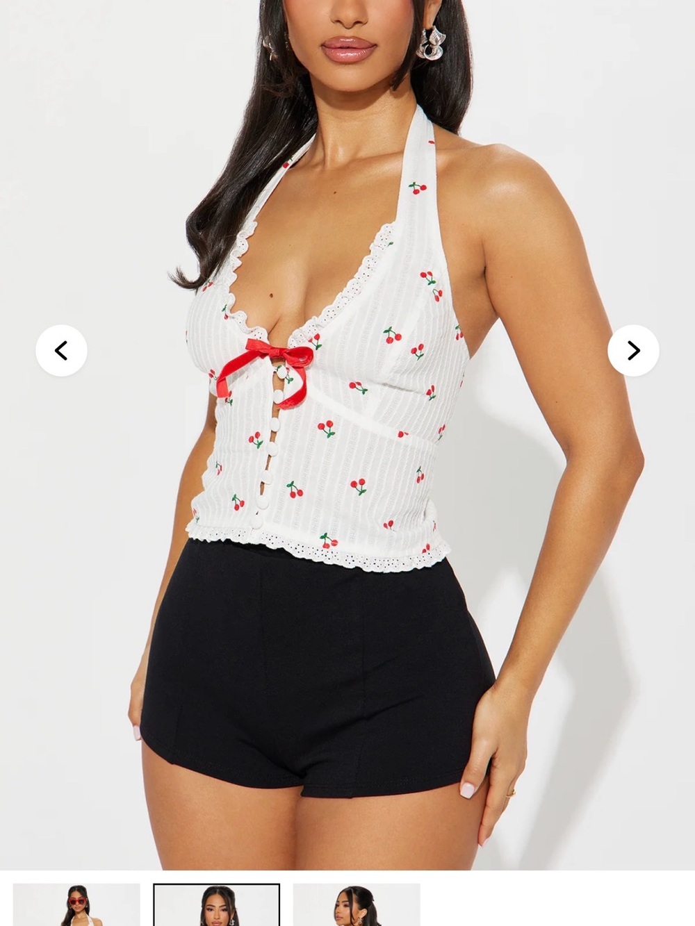 White Cherry Print Halter Tank Top with Red Bow